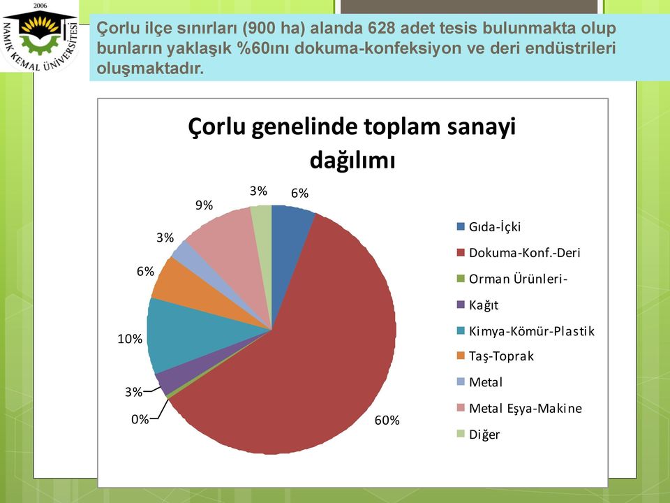 3% 6% 10% 3% 0% Çorlu genelinde toplam sanayi dağılımı 9% 3% 6% 60% Gıda-İçki