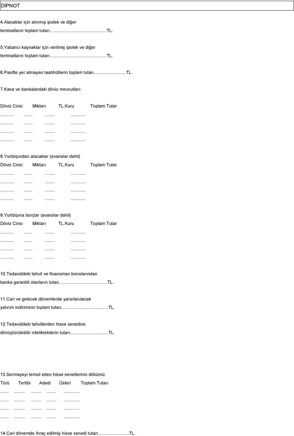 Kuru Toplam Tutar 9.Yurtdışına borçlar (avanslar dahil) Döviz Cinsi Miktarı TL.Kuru Toplam Tutar 10.Tedavüldeki tahvil ve finansman bonolarından banka garantili olanların tutarı...tl. 11.