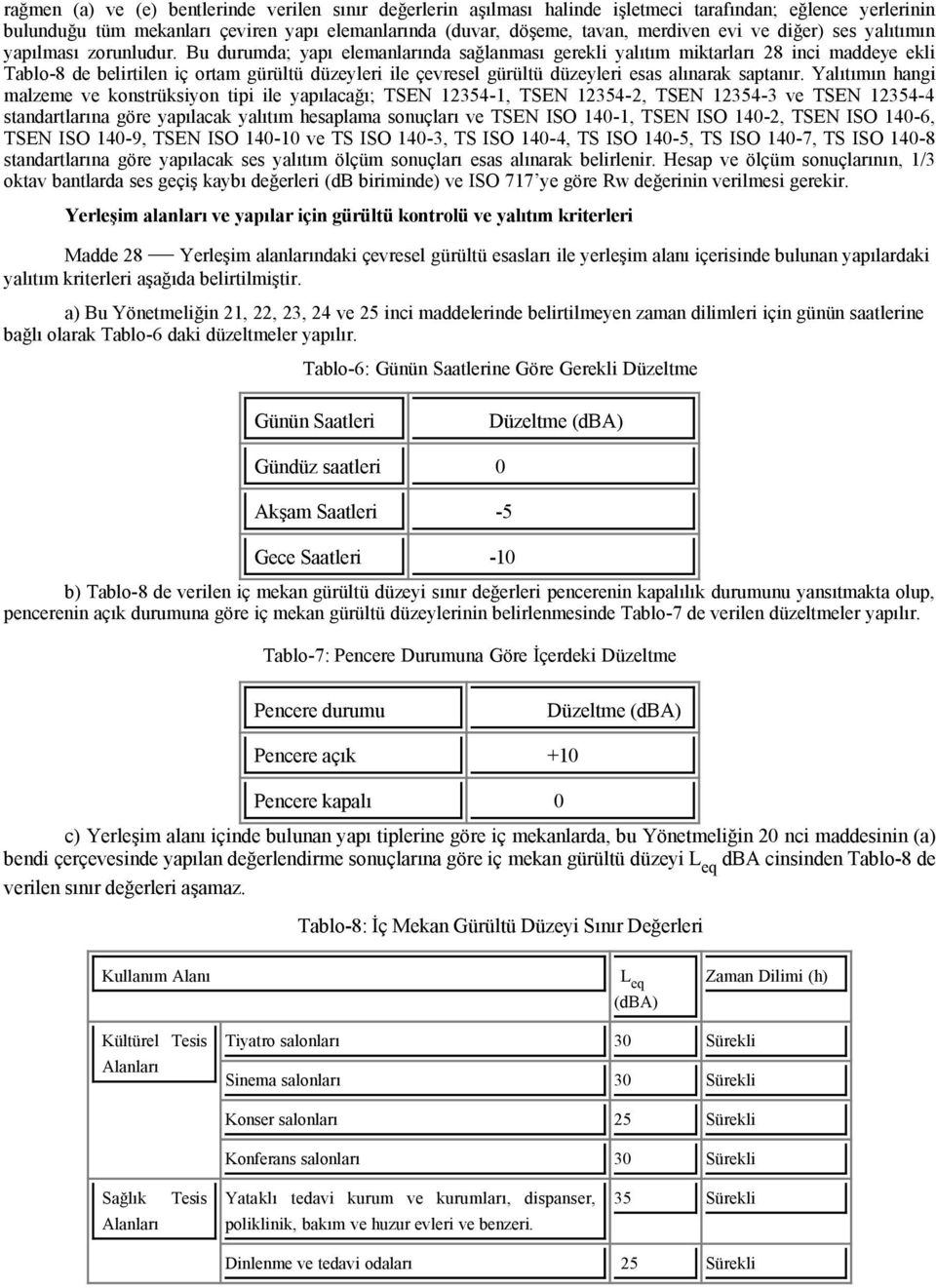 Bu durumda; yapı elemanlarında sağlanması gerekli yalıtım miktarları 28 inci maddeye ekli Tablo-8 de belirtilen iç ortam gürültü düzeyleri ile çevresel gürültü düzeyleri esas alınarak saptanır.