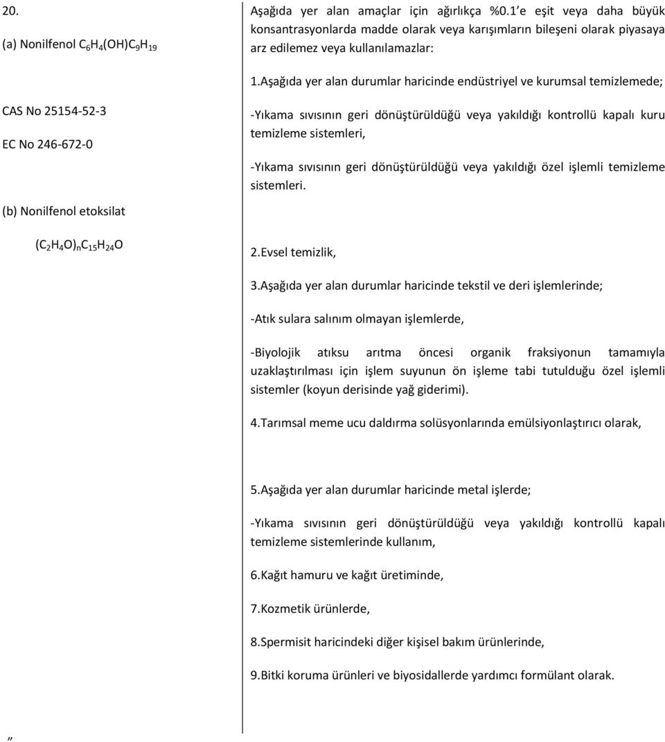 Aşağıda yer alan durumlar haricinde endüstriyel ve kurumsal temizlemede; CAS No 25154-52-3 EC No 246-672-0 (b) Nonilfenol etoksilat (C 2 H 4 O) n C 15 H 24 O -Yıkama sıvısının geri dönüştürüldüğü