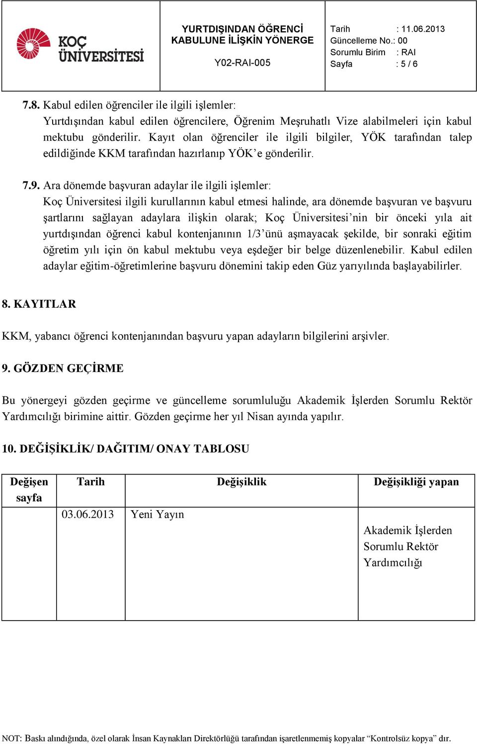 Ara dönemde başvuran adaylar ile ilgili işlemler: Koç Üniversitesi ilgili kurullarının kabul etmesi halinde, ara dönemde başvuran ve başvuru şartlarını sağlayan adaylara ilişkin olarak; Koç