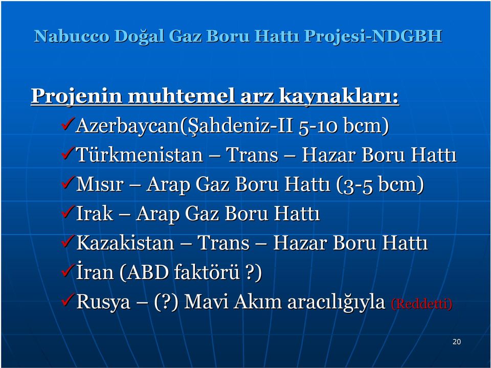 Mısır Arap Gaz Boru Hattı (3-5 bcm) Irak Arap Gaz Boru Hattı Kazakistan Trans