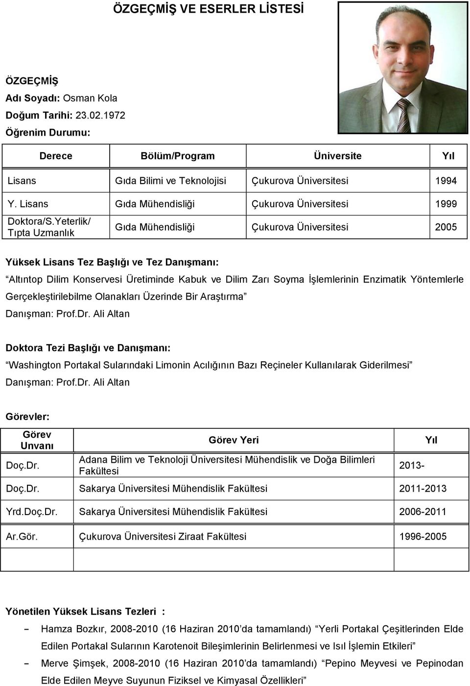 Yeterlik/ Tıpta Uzmanlık Gıda Mühendisliği Çukurova Üniversitesi 2005 Yüksek Lisans Tez Başlığı ve Tez Danışmanı: Altıntop Dilim Konservesi Üretiminde Kabuk ve Dilim Zarı Soyma İşlemlerinin Enzimatik