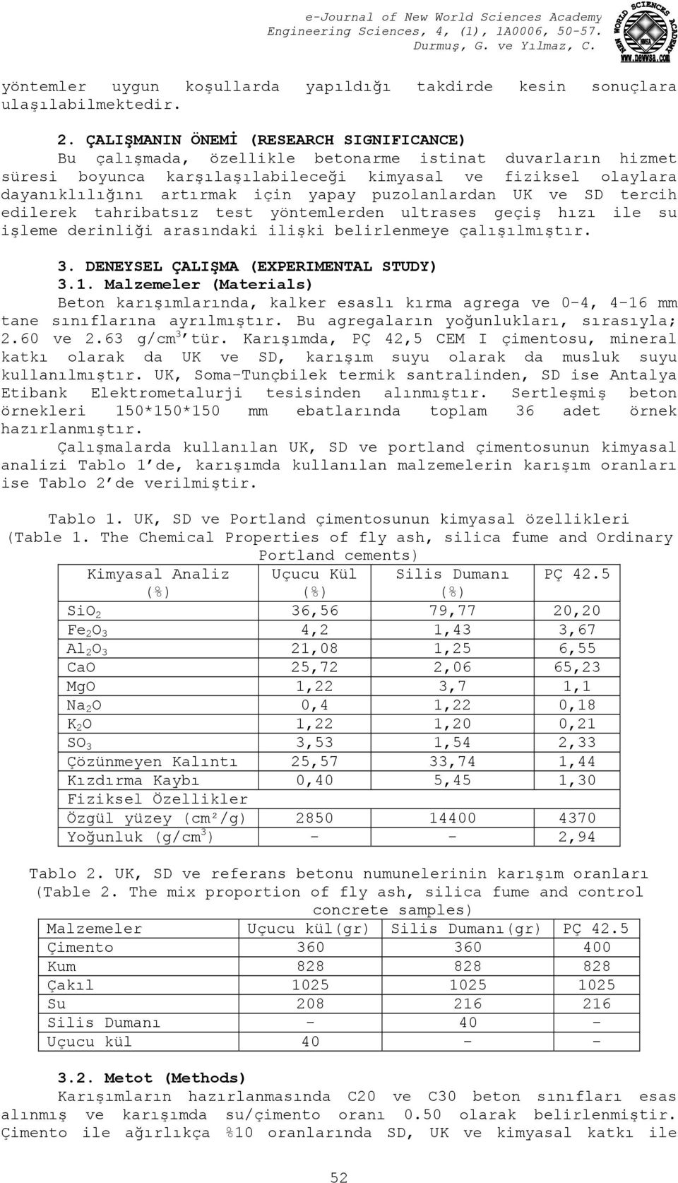 yapay puzolanlardan UK ve SD tercih edilerek tahribatsız test yöntemlerden ultrases geçiş hızı ile su işleme derinliği arasındaki ilişki belirlenmeye çalışılmıştır. 3.