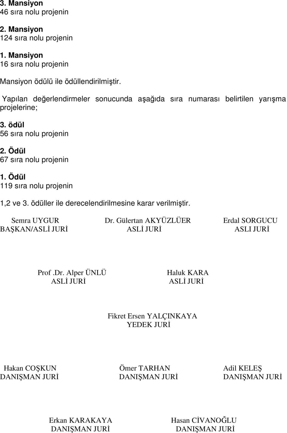 Ödül 119 sıra nolu projenin 1,2 ve 3. ödüller ile derecelendirilmesine karar verilmiştir. Semra UYGUR Dr.