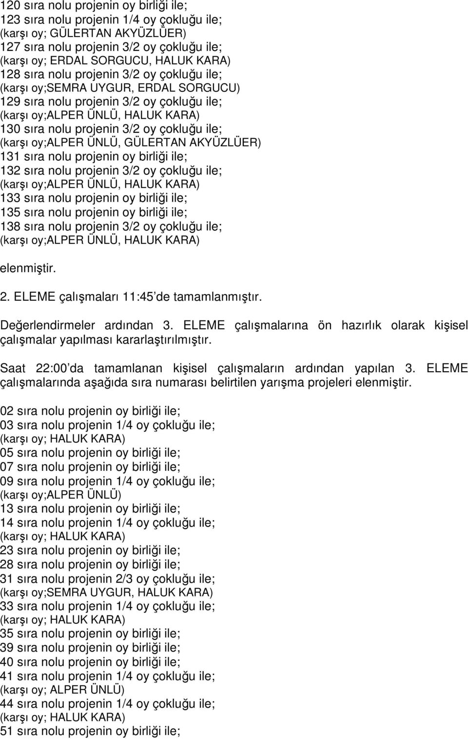 (karşı oy;alper ÜNLÜ, GÜLERTAN AKYÜZLÜER) 131 sıra nolu projenin oy birliği ile; 132 sıra nolu projenin 3/2 oy çokluğu ile; (karşı oy;alper ÜNLÜ, HALUK KARA) 133 sıra nolu projenin oy birliği ile;