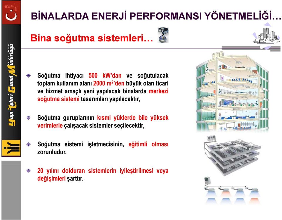 Soğutma guruplarının kısmi yüklerde bile yüksek verimlerle çalışacak sistemler seçilecektir, Soğutma sistemi