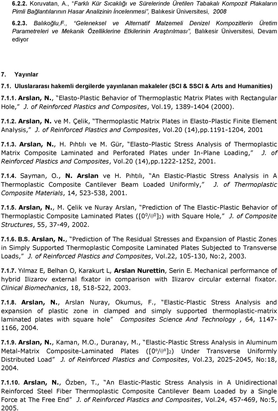 Uluslararası hakemli dergilerde yayınlanan makaleler (SCI & SSCI & Arts and Humanities) 7.1.1. Arslan, N., Elasto-Plastic Behavior of Thermoplastic Matrix Plates with Rectangular Hole, J.
