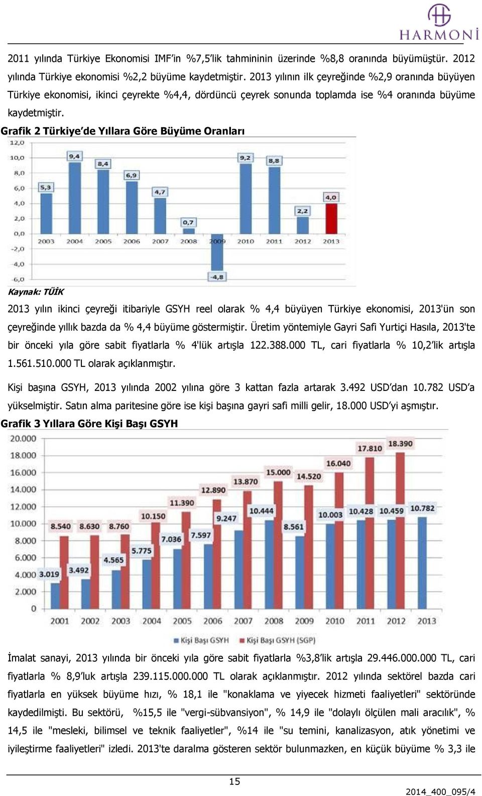 Grafik 2 Türkiye de Yıllara Göre Büyüme Oranları Kaynak: TÜİK 2013 yılın ikinci çeyreği itibariyle GSYH reel olarak % 4,4 büyüyen Türkiye ekonomisi, 2013'ün son çeyreğinde yıllık bazda da % 4,4
