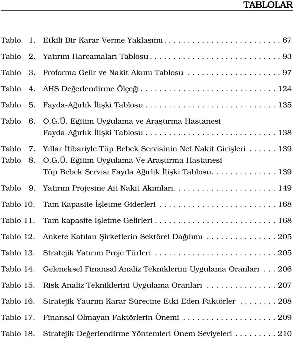 E itim Uygulama ve Araflt rma Hastanesi Fayda-A rl k liflki Tablosu............................ 138 Tablo 7. Y llar tibariyle Tüp Bebek Servisinin Net Nakit Giriflleri...... 139 Tablo 8. O.G.Ü.