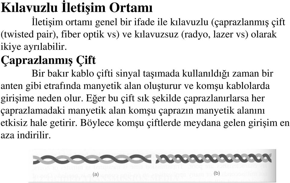 Çaprazlanmış Çift Bir bakır kablo çifti sinyal taşımada kullanıldığı zaman bir anten gibi etrafında manyetik alan oluşturur ve komşu