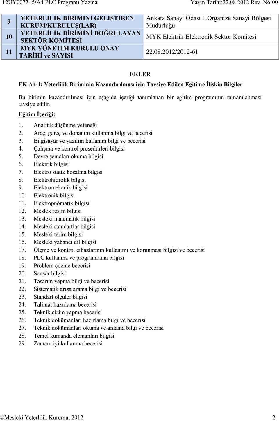 2012/2012-61 EKLER EK A4-1: Yeterlilik Biriminin Kazandırılması için Tavsiye Edilen Eğitime İlişkin Bilgiler Bu birimin kazandırılması için aşağıda içeriği tanımlanan bir eğitim programının