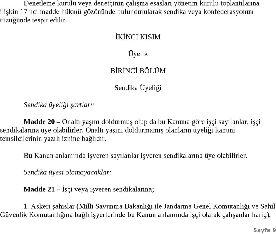 Onaltı yaşını doldurmamış olanların üyeliği kanuni temsilcilerinin yazılı iznine bağlıdır. Bu Kanun anlamında işveren sayılanlar işveren sendikalarına üye olabilirler.