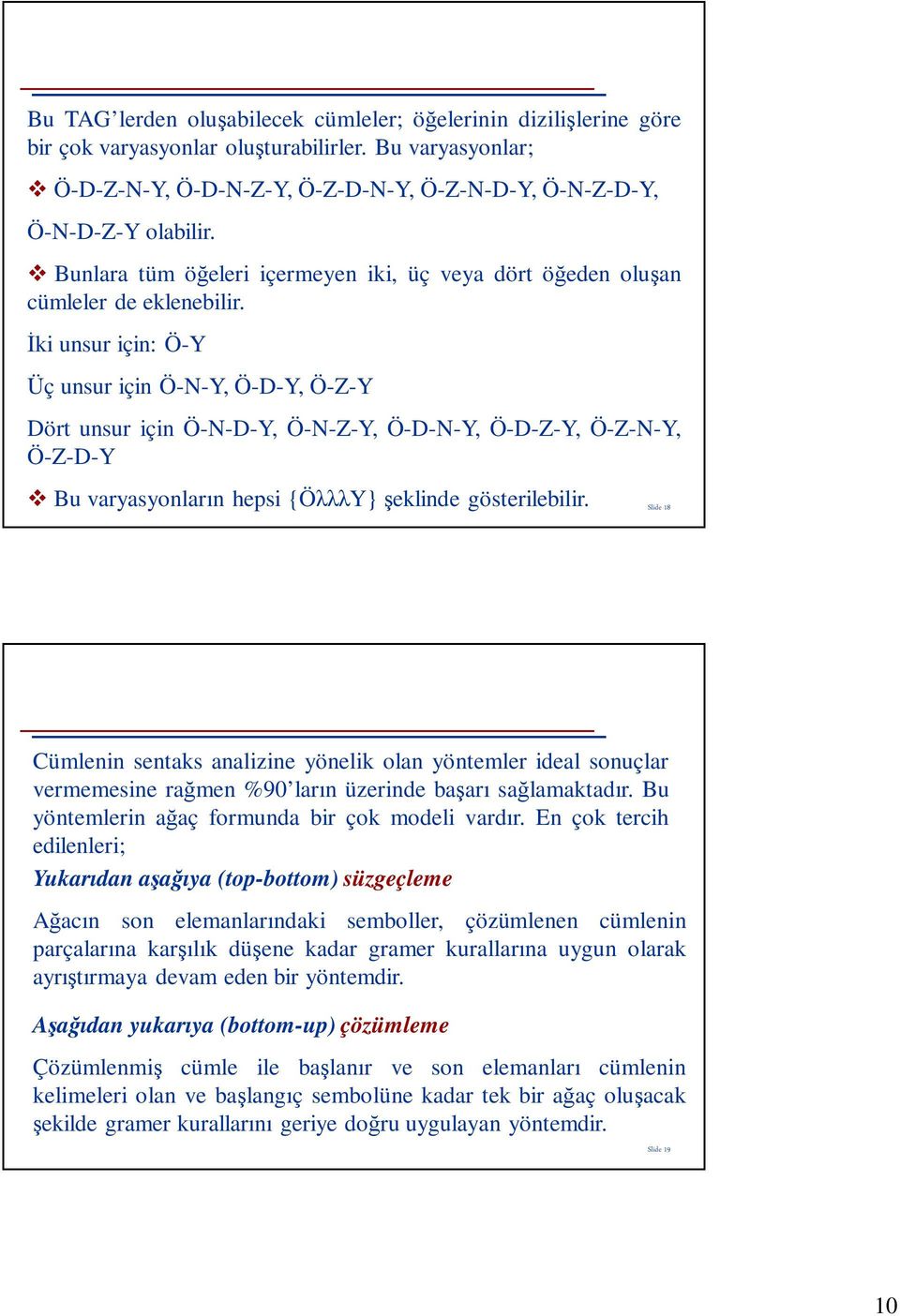 Đki unsur için: Ö-Y Üç unsur için Ö-N-Y, Ö-D-Y, Ö-Z-Y Dört unsur için Ö-N-D-Y, Ö-N-Z-Y, Ö-D-N-Y, Ö-D-Z-Y, Ö-Z-N-Y, Ö-Z-D-Y Bu varyasyonların hepsi {ÖλλλY} şeklinde gösterilebilir.