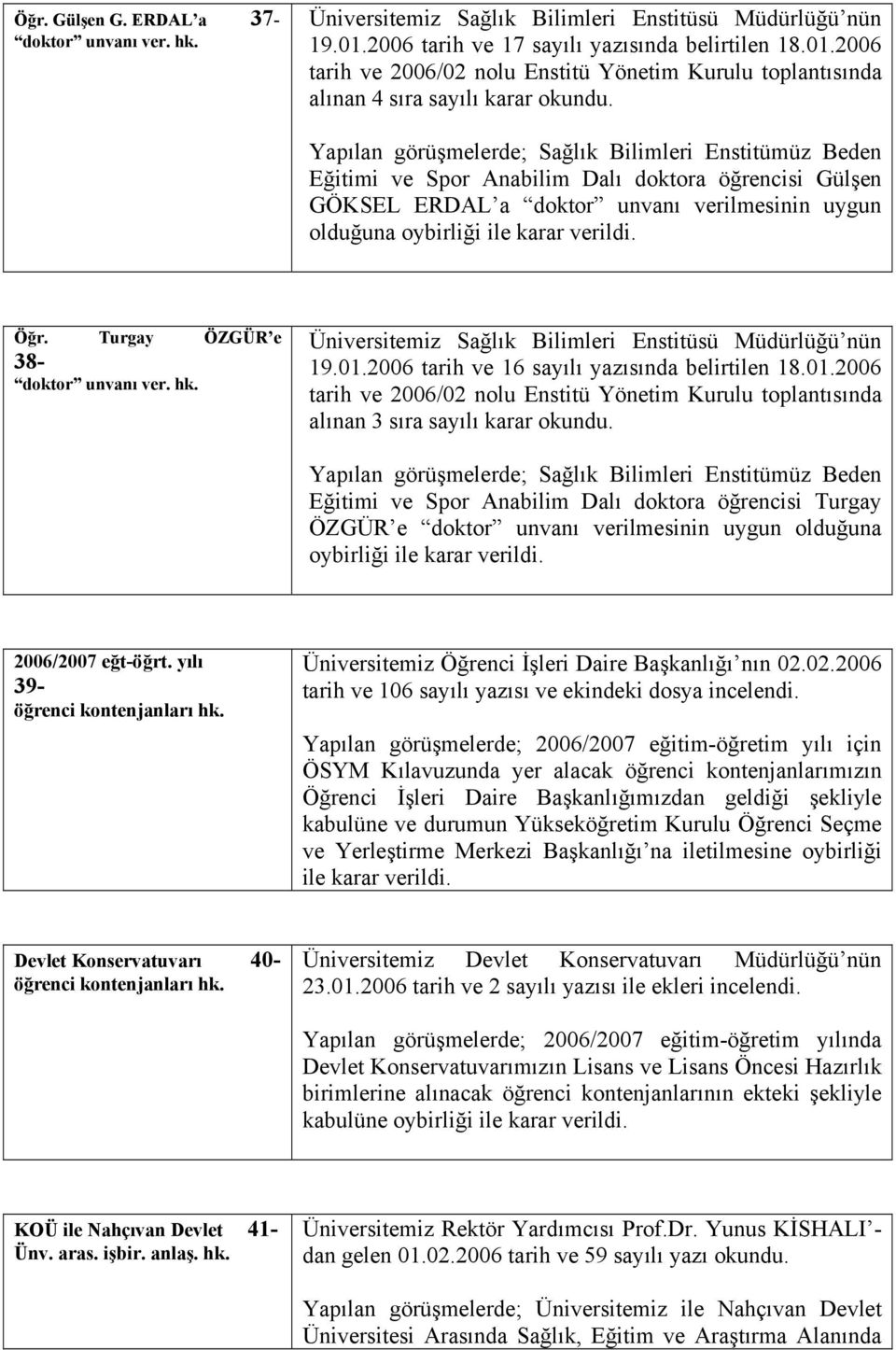 Yapılan görüşmelerde; Sağlık Bilimleri Enstitümüz Beden Eğitimi ve Spor Anabilim Dalı doktora öğrencisi Gülşen GÖKSEL ERDAL a doktor unvanı verilmesinin uygun olduğuna Öğr.