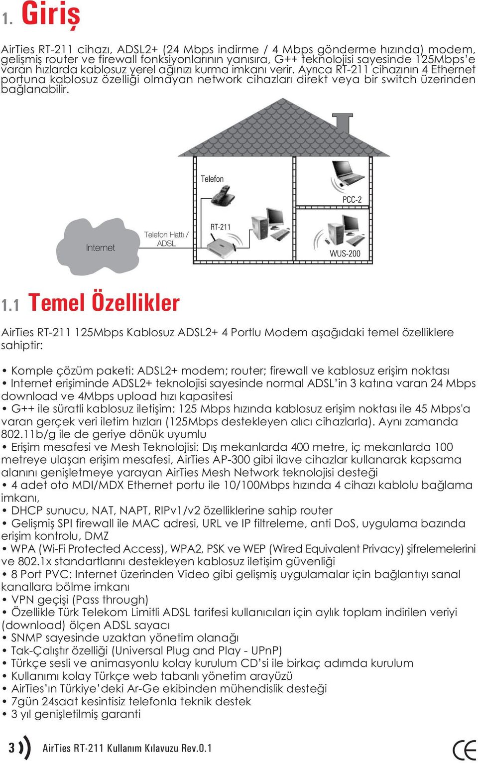 1 Temel Özellikler AirTies RT-211 125Mbps Kablosuz ADSL2+ 4 Portlu Modem aþaðýdaki temel özelliklere sahiptir: Komple çözüm paketi: ADSL2+ modem; router; firewall ve kablosuz eriþim noktasý Internet