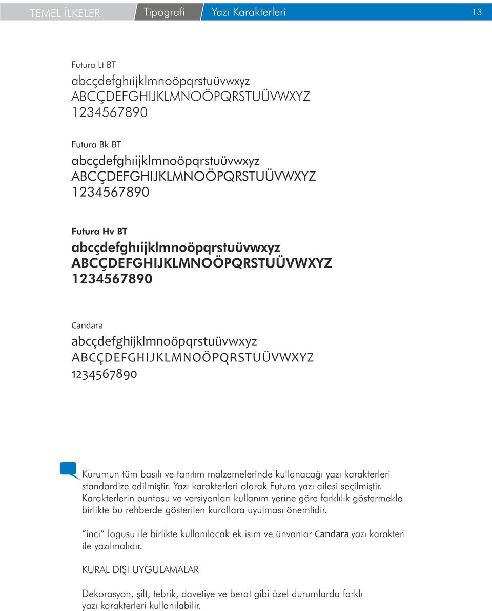 1234567890 Kurumun tüm basılı ve tanıtım malzemelerinde kullanacağı yazı karakterleri standardize edilmiştir. Yazı karakterleri olarak Futura yazı ailesi seçilmiştir.