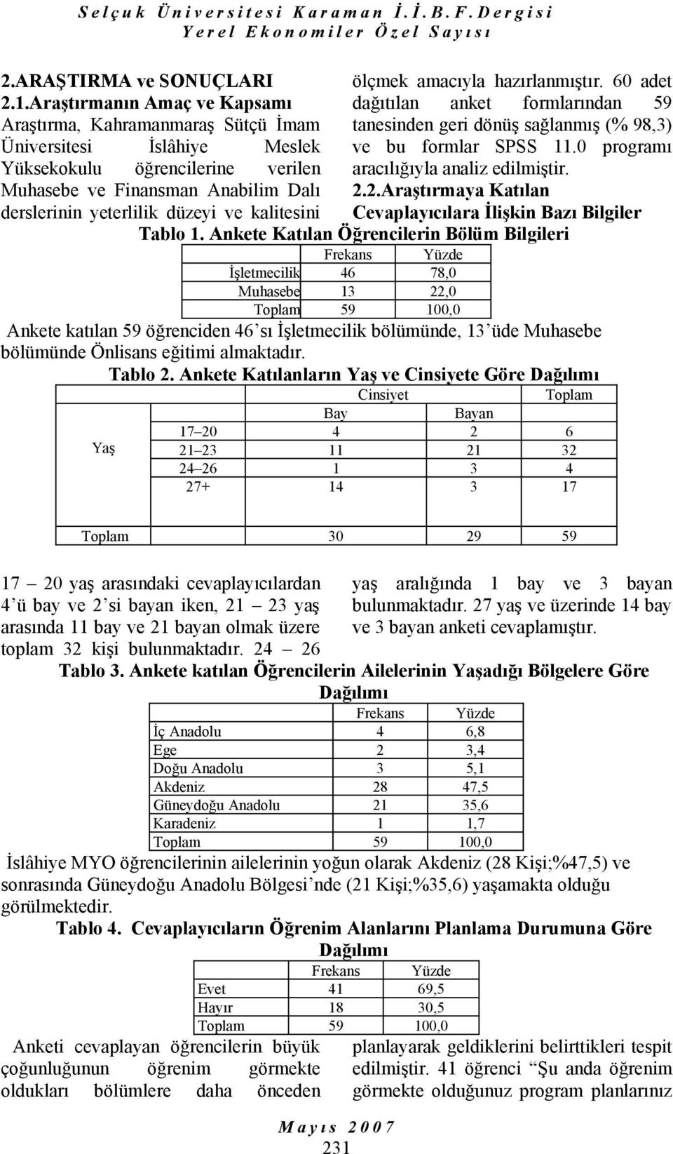 kalitesini ölçmek amacıyla hazırlanmıştır. 60 adet dağıtılan anket formlarından 59 tanesinden geri dönüş sağlanmış (% 98,3) ve bu formlar SPSS 11.0 programı aracılığıyla analiz edilmiştir. 2.