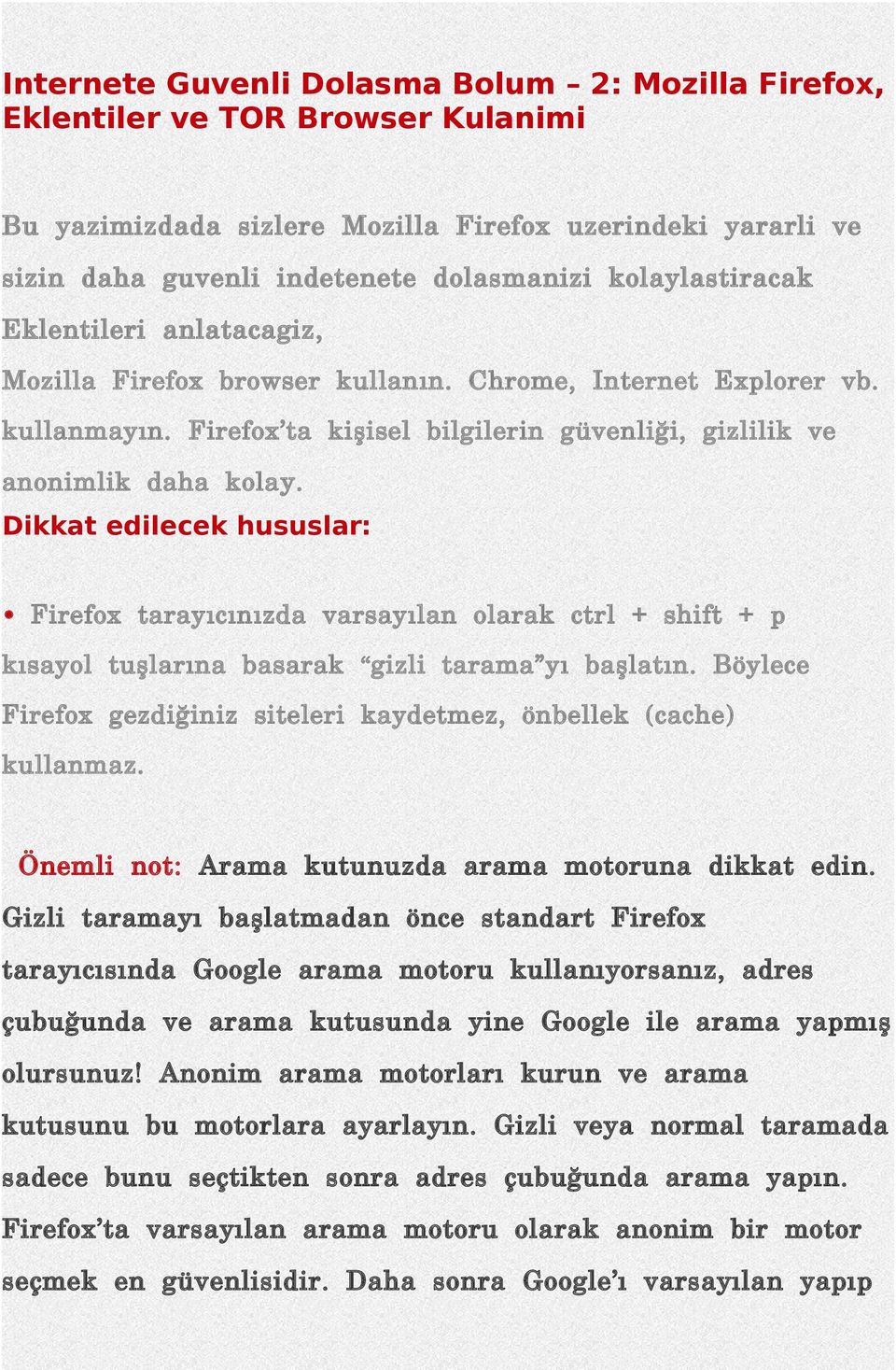 Dikkat edilecek hususlar: Firefox tarayıcınızda varsayılan olarak ctrl + shift + p kısayol tuşlarına basarak gizli tarama yı başlatın.