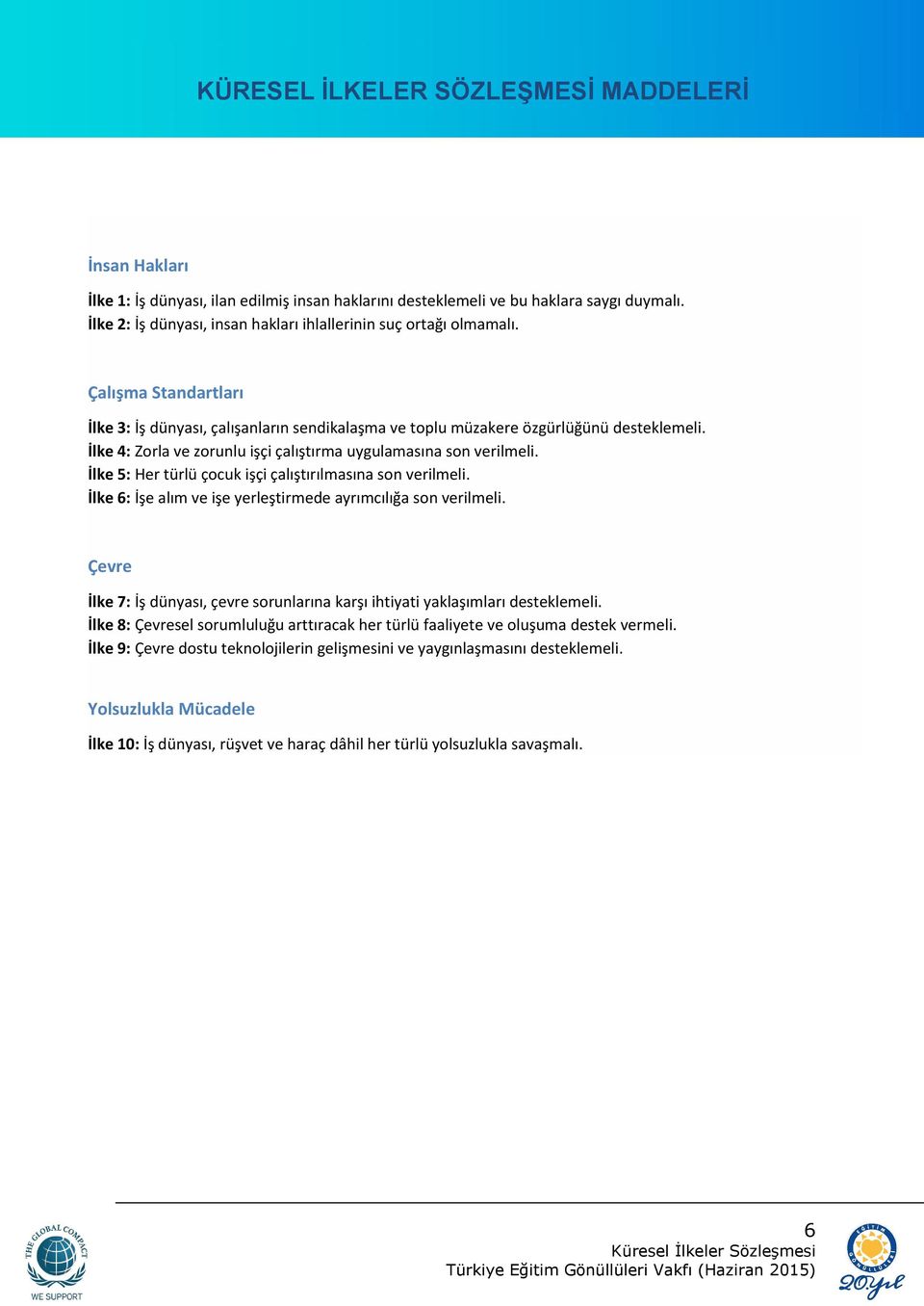 İlke 4: Zorla ve zorunlu işçi çalıştırma uygulamasına son verilmeli. İlke 5: Her türlü çocuk işçi çalıştırılmasına son verilmeli. İlke 6: İşe alım ve işe yerleştirmede ayrımcılığa son verilmeli.