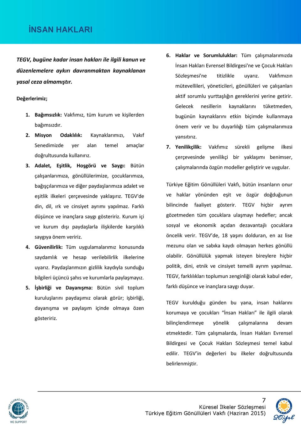 Adalet, Eşitlik, Hoşgörü ve Saygı: Bütün çalışanlarımıza, gönüllülerimize, çocuklarımıza, bağışçılarımıza ve diğer paydaşlarımıza adalet ve eşitlik ilkeleri çerçevesinde yaklaşırız.