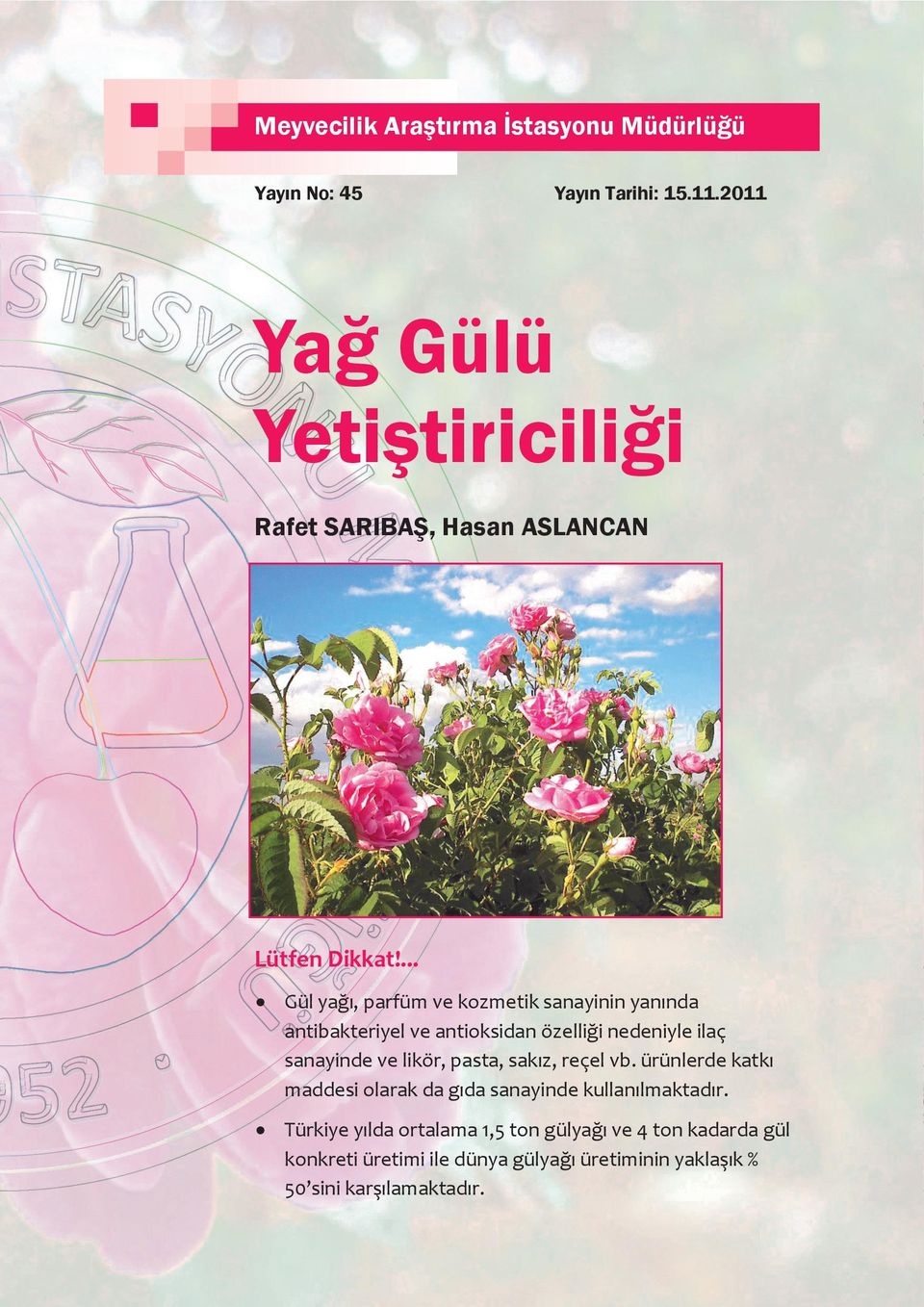 ... Gül yağı, parfüm ve kozmetik sanayinin yanında antibakteriyel ve antioksidan özelliği nedeniyle ilaç sanayinde ve likör,