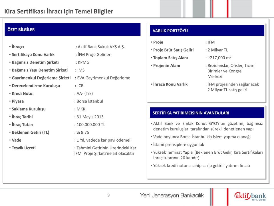 A.Ş. : İFM Proje Gelirleri : KPMG : IMS : EVA Gayrimenkul Değerleme : JCR : AA- (Trk) : Borsa İstanbul : MKK İhraç Tarihi : 31 Mayıs 2013 İhraç Tutarı Beklenen Getiri (TL) : % 8.