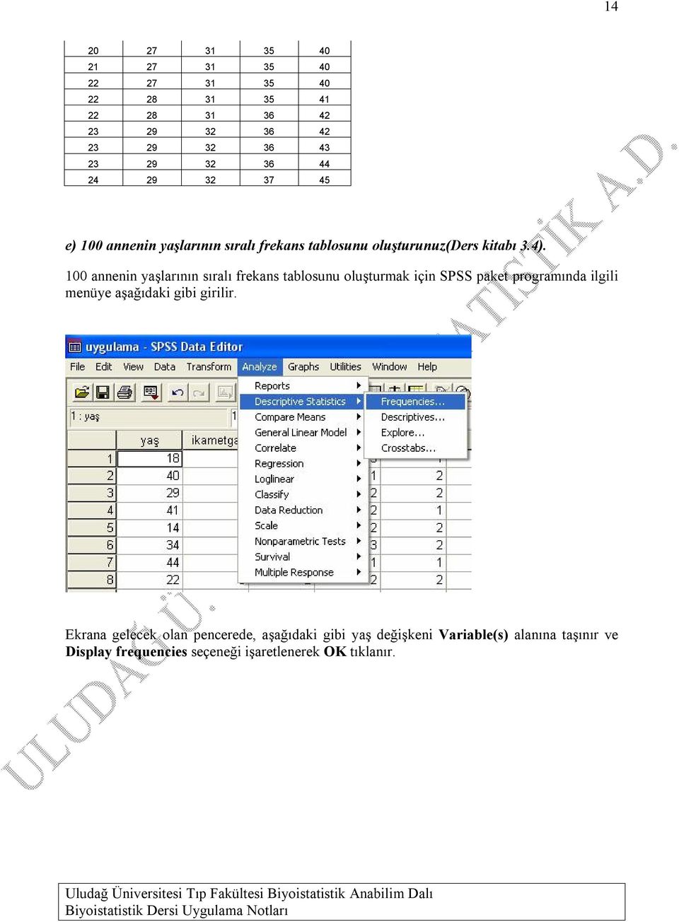 100 annenin yaşlarının sıralı frekans tablosunu oluşturmak için SPSS paket programında ilgili menüye aşağıdaki gibi