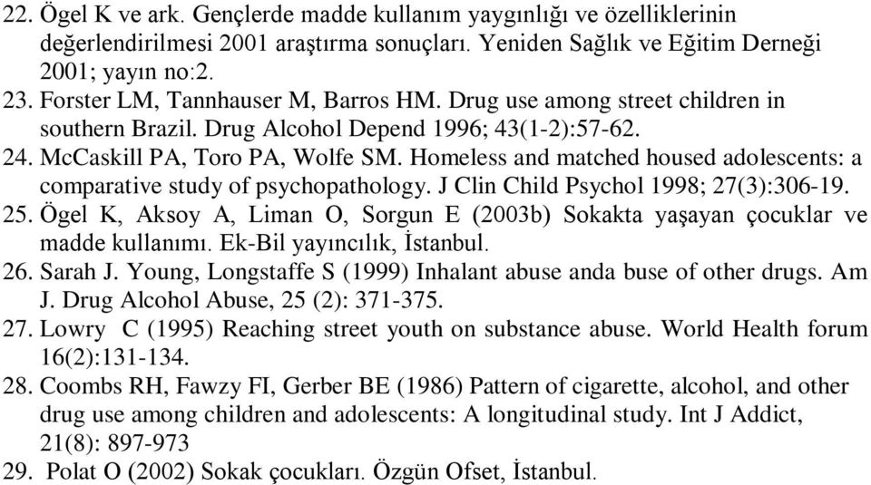 Homeless and matched housed adolescents: a comparative study of psychopathology. J Clin Child Psychol 1998; 27(3):306-19. 25.