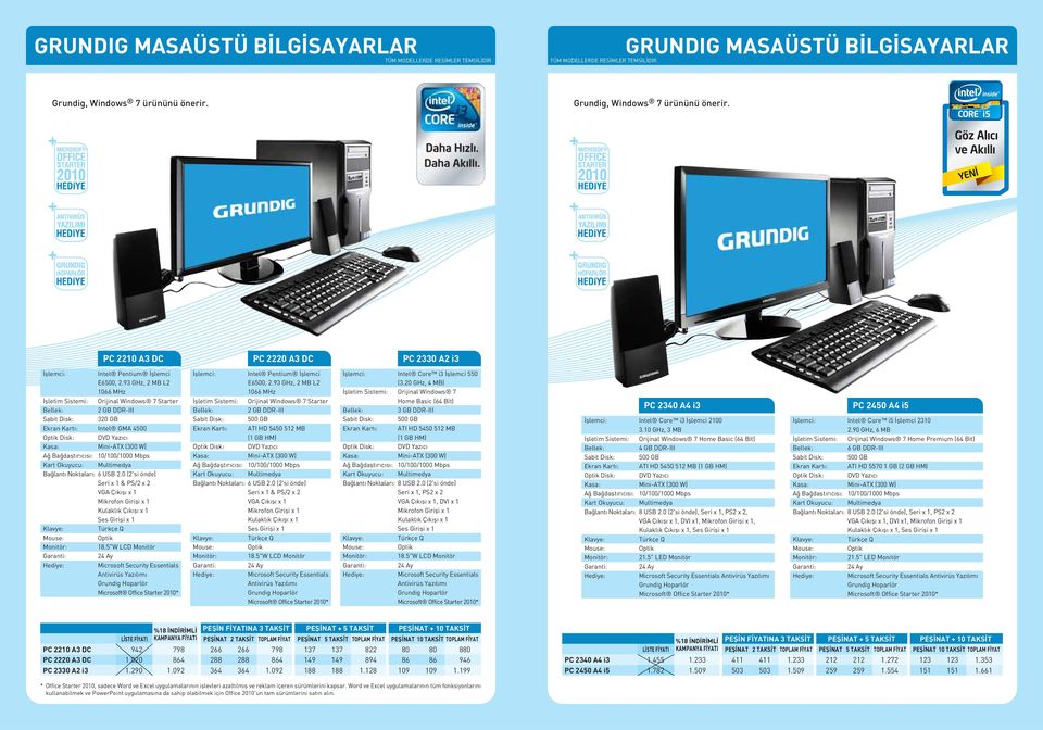 5"W LCD Monitör Intel Pentium fllemci E6500, 2.93 GHz, 2 MB L2 1066 MHz Orijinal Windows 7 Starter ATI HD 5450 512 MB (1 GB HM) 6 USB 2.