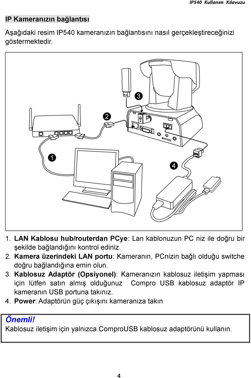 Kamera üzerindeki LAN portu: Kamerann, PCnizin bağl olduğu switche doğru bağlandğna emin olun. 3.
