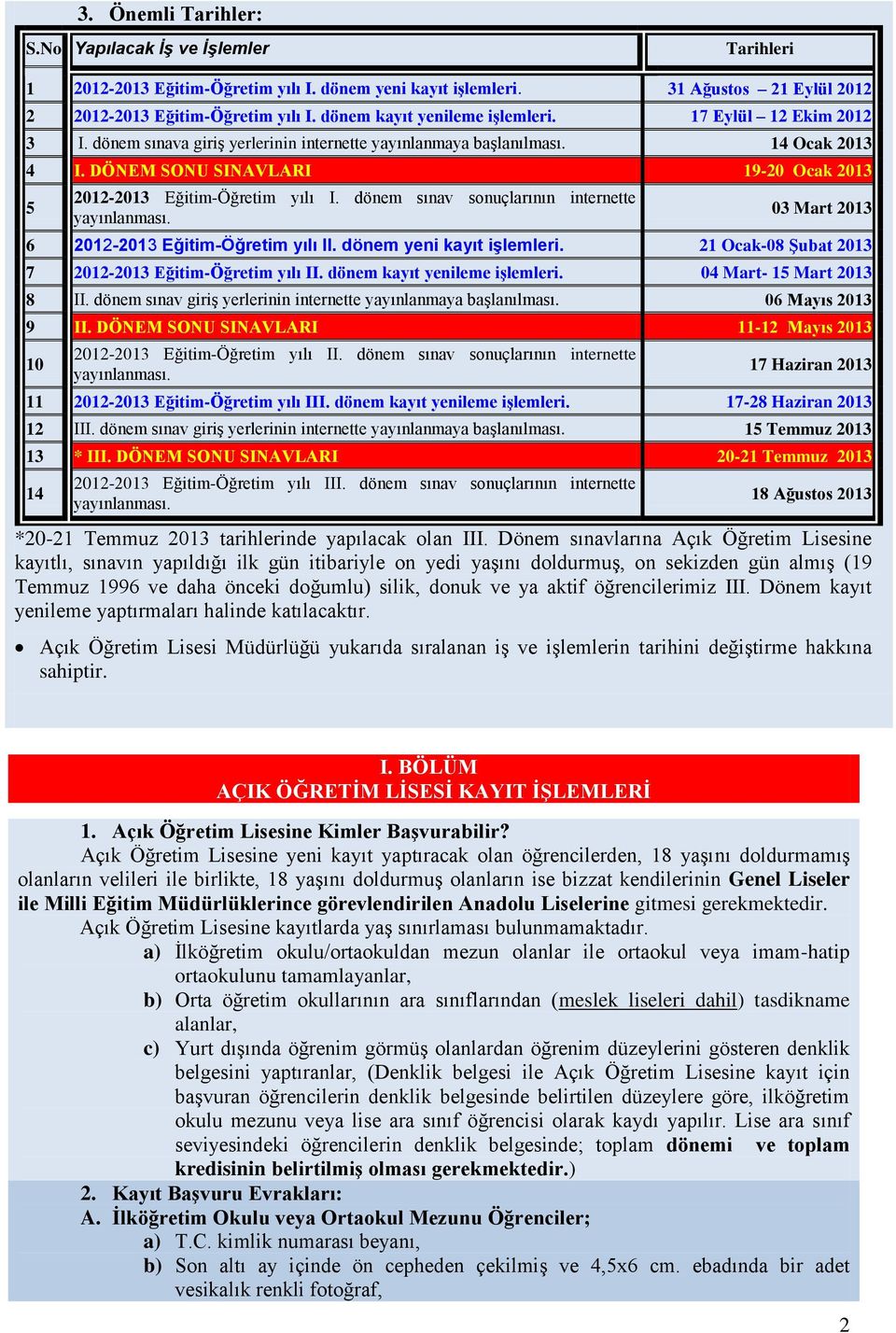 DÖNEM SONU SINAVLARI 19-20 Ocak 2013 5 2012-2013 Eğitim-Öğretim yılı I. dönem sınav sonuçlarının internette yayınlanması. 03 Mart 2013 6 2012-2013 Eğitim-Öğretim yılı II. dönem yeni kayıt işlemleri.