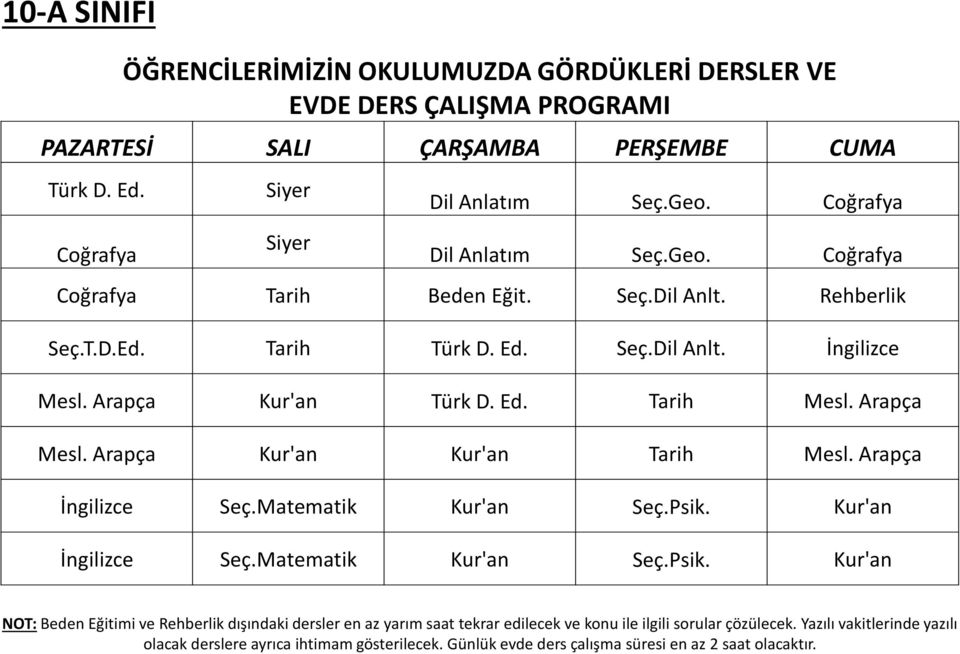 Arapça Mesl. Arapça Kur'an Kur'an Tarih Mesl. Arapça İngilizce Seç.Matematik Kur'an Seç.Psik.