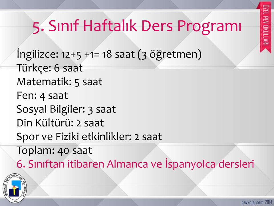 Bilgiler: 3 saat Din Kültürü: 2 saat Spor ve Fiziki etkinlikler: