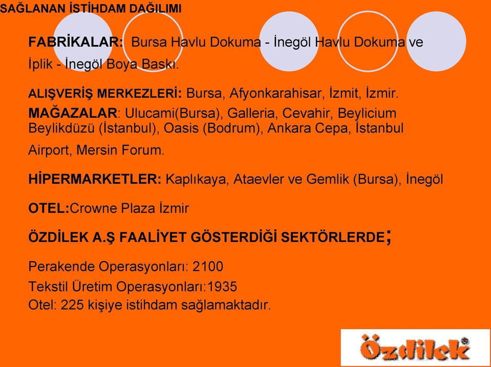 MAĞAZALAR: Ulucami(Bursa), Galleria, Cevahir, Beylicium Beylikdüzü (Ġstanbul), Oasis (Bodrum), Ankara Cepa, Ġstanbul Airport, Mersin
