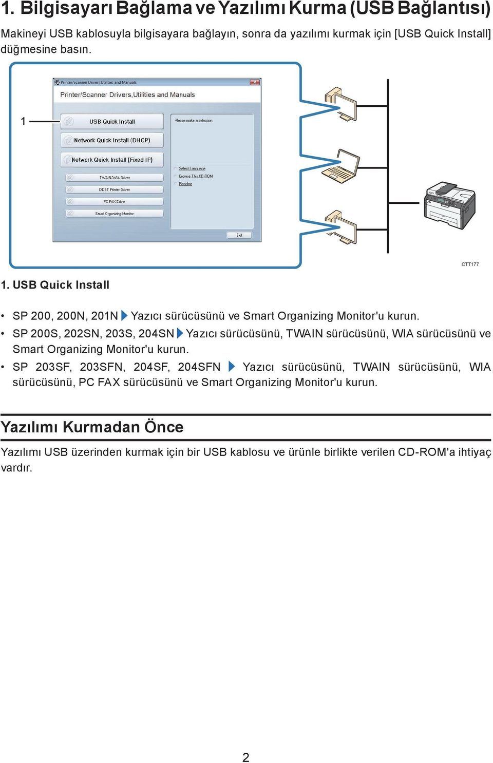 SP 200S, 202SN, 203S, 204SN Yazıcı sürücüsünü, TWAIN sürücüsünü, WIA sürücüsünü ve Smart Organizing Monitor'u kurun.