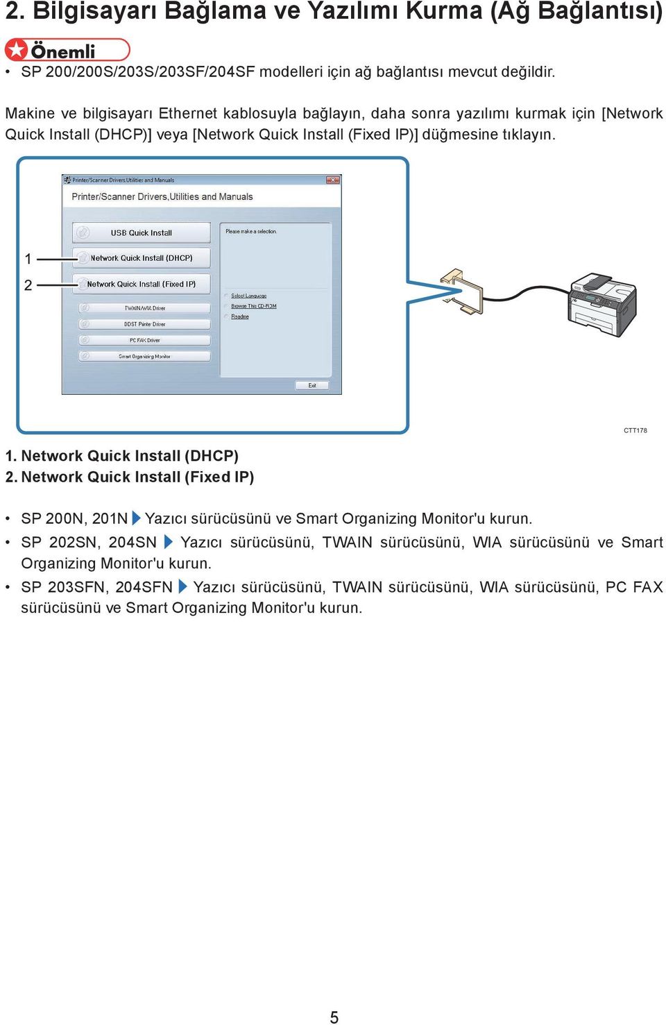 tıklayın. 1. Network Quick Install (DHCP) 2. Network Quick Install (Fixed IP) SP 200N, 201N Yazıcı sürücüsünü ve Smart Organizing Monitor'u kurun.