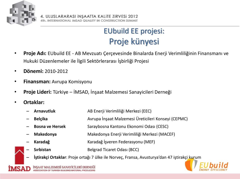 Verimliliği Merkezi (EEC) Belçika Avrupa İnşaat Malzemesi Üreticileri Konseyi (CEPMC) Bosna ve Hersek Saraybosna Kantonu Ekonomi Odası (CESC) Makedonya Makedonya Enerji Verimliliği