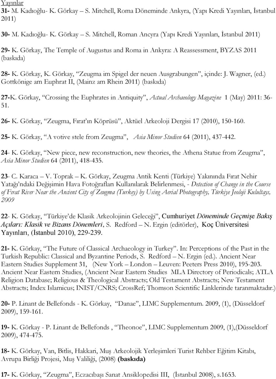 ) Gottkönige am Euphrat II, (Mainz am Rhein 2011) (baskıda) 27-K. Görkay, Crossing the Euphrates in Antiquity, Actual Archaeology Magazine 1 (May) 2011: 36-51. 26- K.