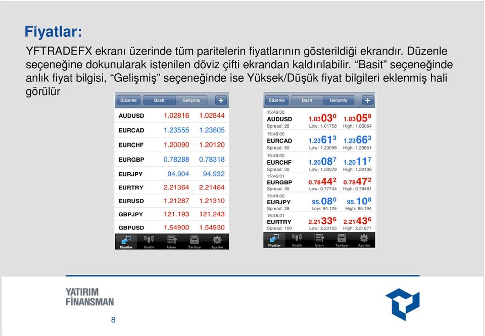 Düzenle seçeneğine dokunularak istenilen döviz çifti ekrandan