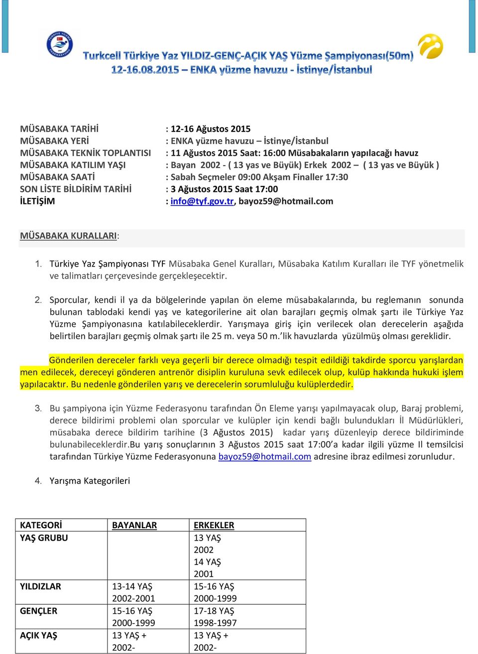 tr, bayoz59@hotmail.com MÜSABAKA KURALLARI: 1. Türkiye Yaz Şampiyonası TYF Müsabaka Genel Kuralları, Müsabaka Katılım Kuralları ile TYF yönetmelik ve talimatları çerçevesinde gerçekleşecektir. 2.