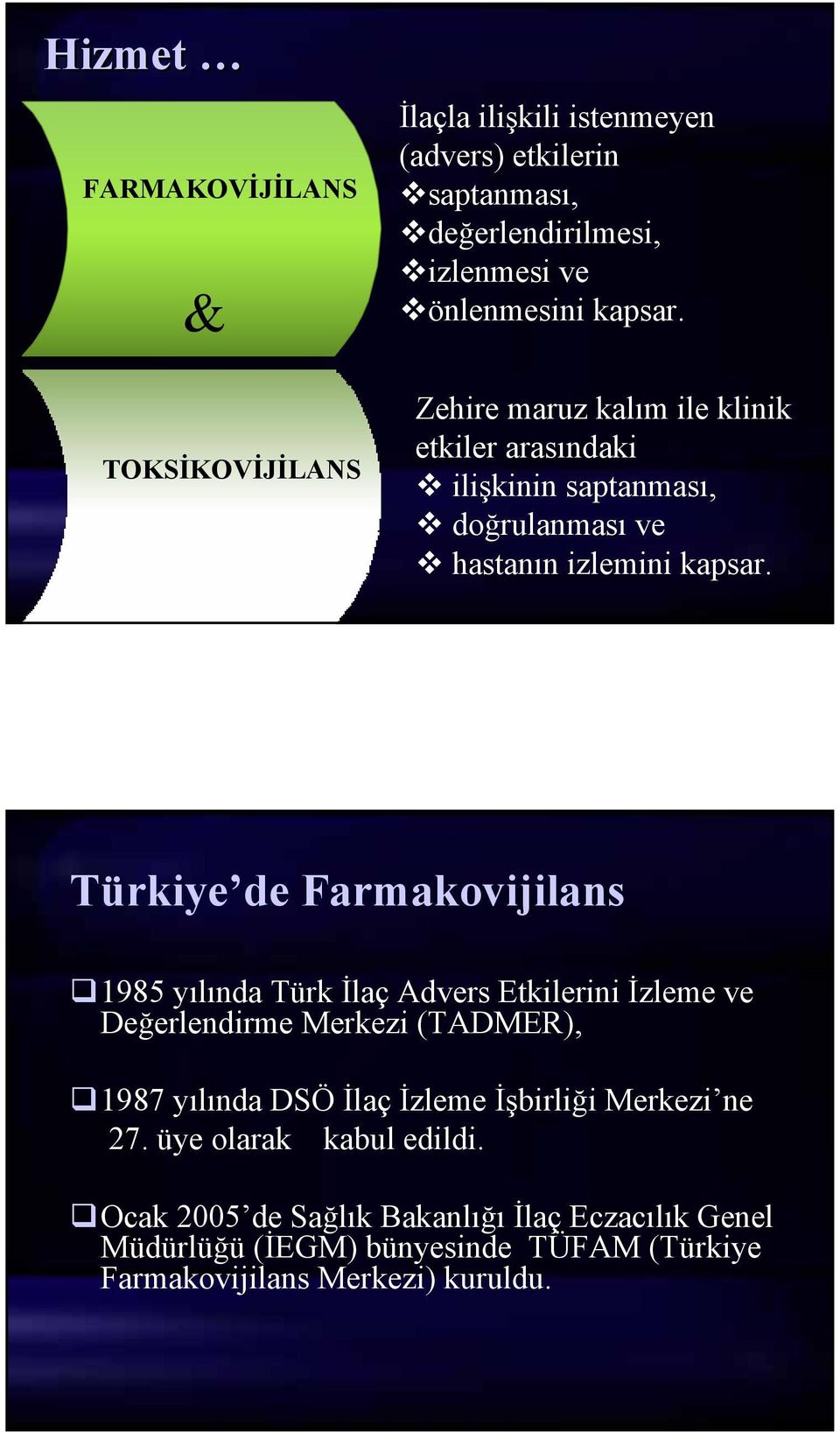 Türkiye de Farmakovijilans 1985 yılında Türk İlaç Advers Etkilerini İzleme ve Değerlendirme Merkezi (TADMER), 1987 yılında DSÖ İlaç İzleme