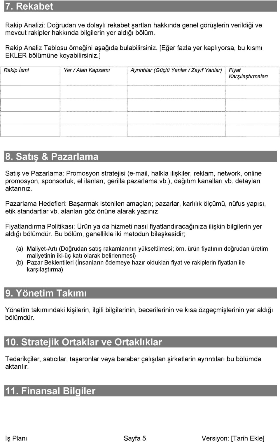 ] Rakip İsmi Yer / Alan Kapsamı Ayrıntılar (Güçlü Yanlar / Zayıf Yanlar) Fiyat Karşılaştırmaları 8.