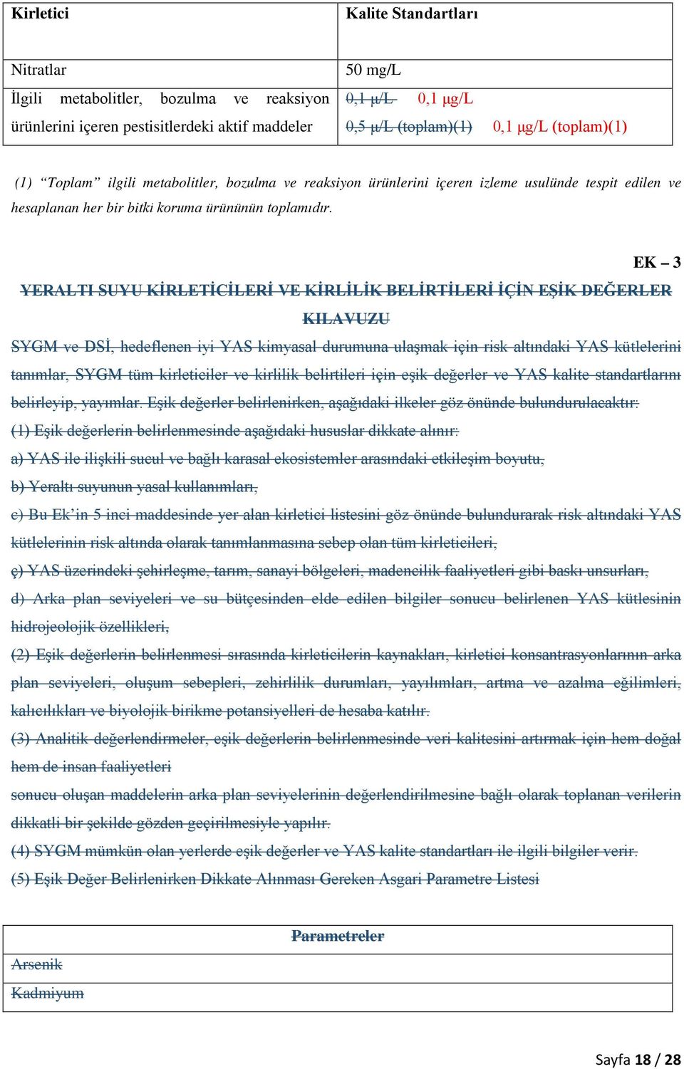 EK 3 YERALTI SUYU KİRLETİCİLERİ VE KİRLİLİK BELİRTİLERİ İÇİN EŞİK DEĞERLER KILAVUZU SYGM ve DSİ, hedeflenen iyi YAS kimyasal durumuna ulaşmak için risk altındaki YAS kütlelerini tanımlar, SYGM tüm