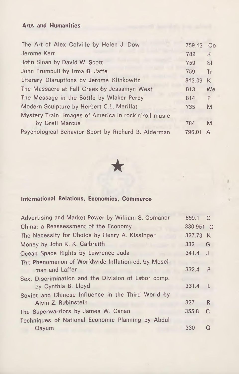 Alderman 796.01 A International Relations, Economics, Commerce Advertising and Market Power by William S. Comanor 659.1 C China: a Reassessment of the Economy 330.