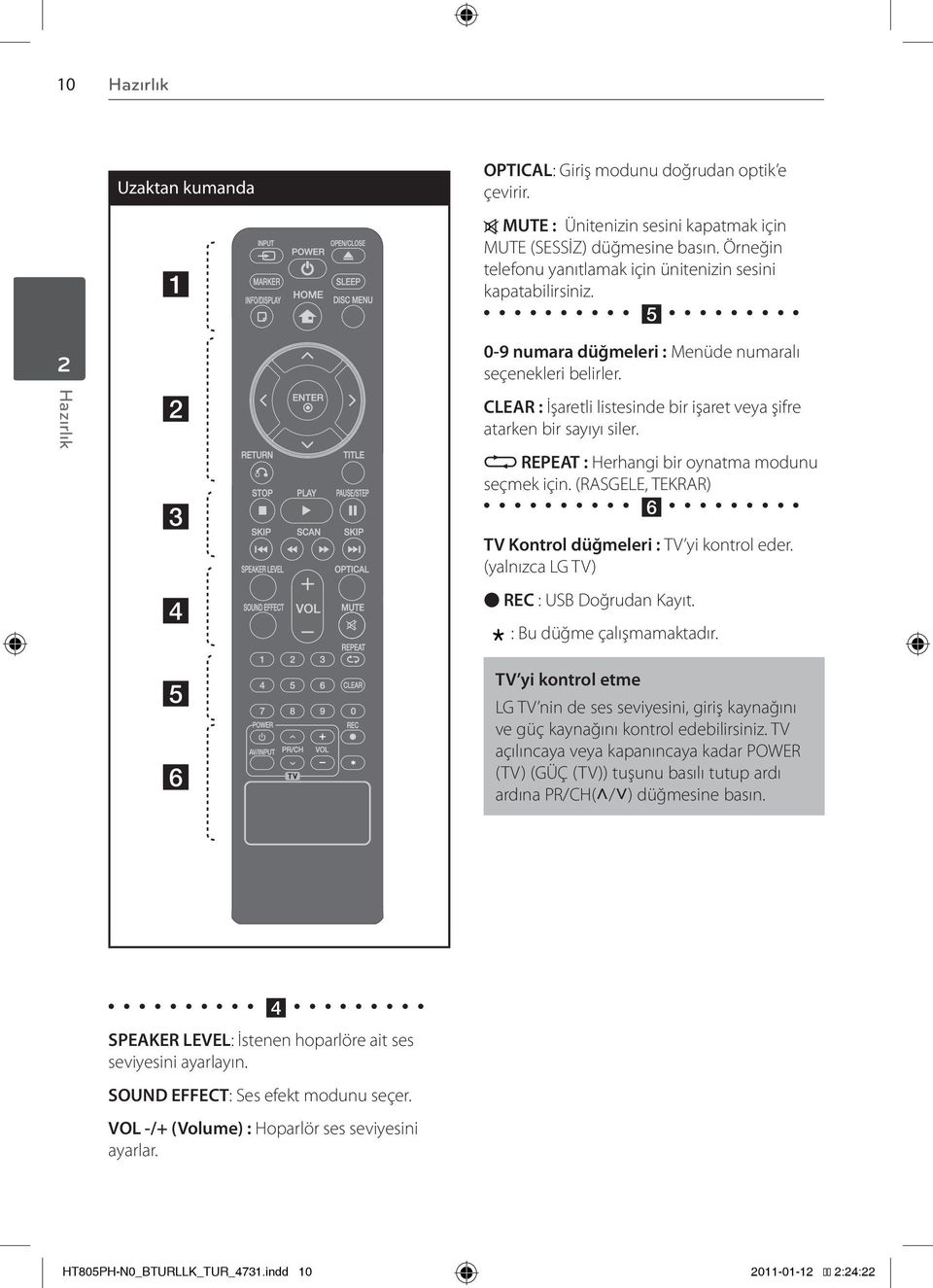 CLEAR : İşaretli listesinde bir işaret veya şifre atarken bir sayıyı siler. s REPEAT : Herhangi bir oynatma modunu seçmek için. (RASGELE, TEKRAR) f TV Kontrol düğmeleri : TV yi kontrol eder.
