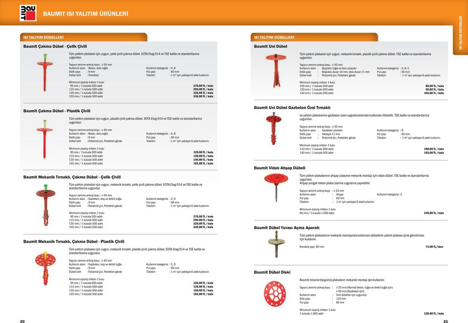 Kullanım kategorisi : A, B Delik çapı : 9 mm Pul çapı : 60 mm Dübel kılıfı : Polietilen Tüketim : 1 m 2 için yaklaşık 6 adet kullanılır.