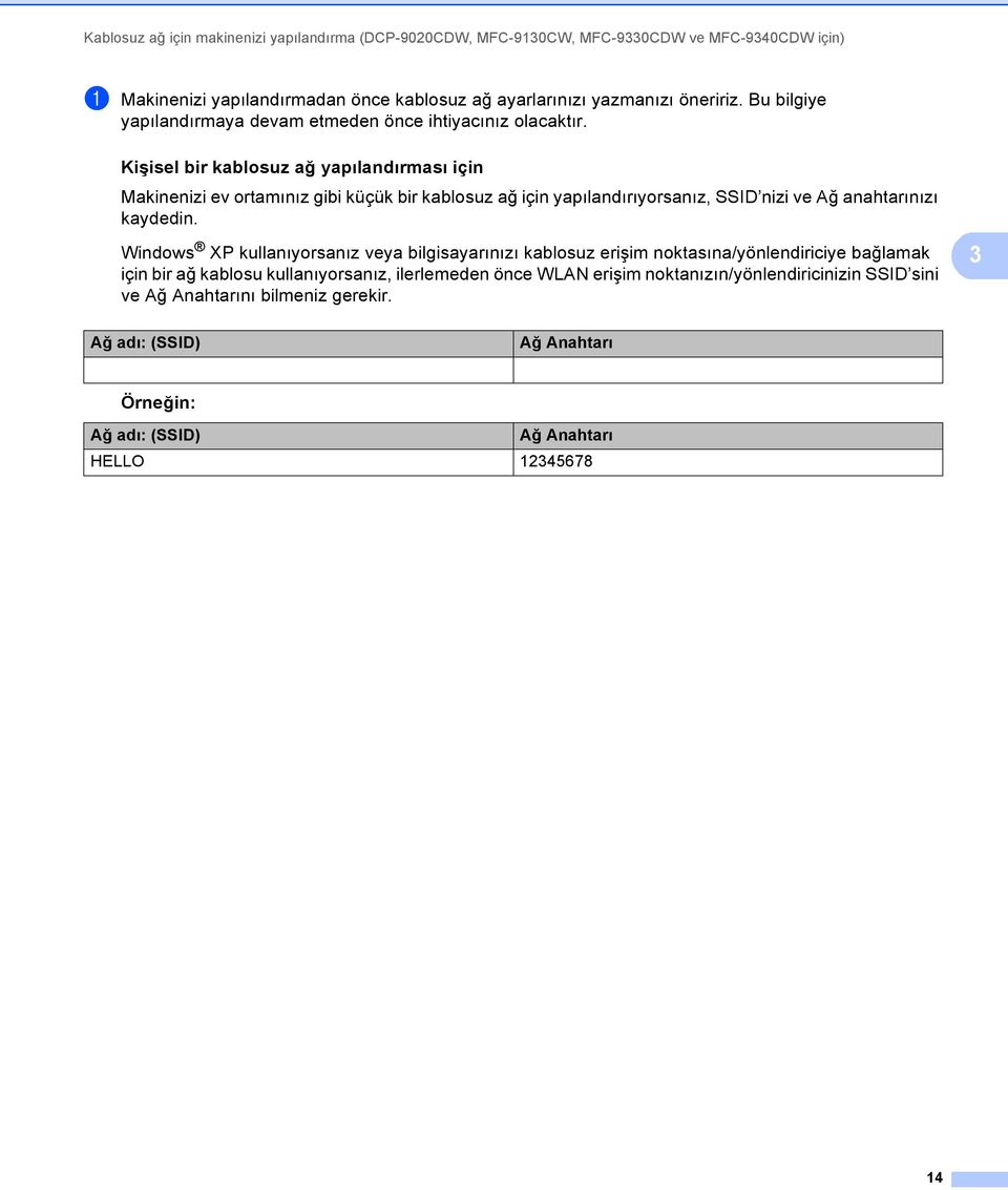 Kişisel bir kablosuz ağ yapılandırması için 3 Makinenizi ev ortamınız gibi küçük bir kablosuz ağ için yapılandırıyorsanız, SSID nizi ve Ağ anahtarınızı kaydedin.