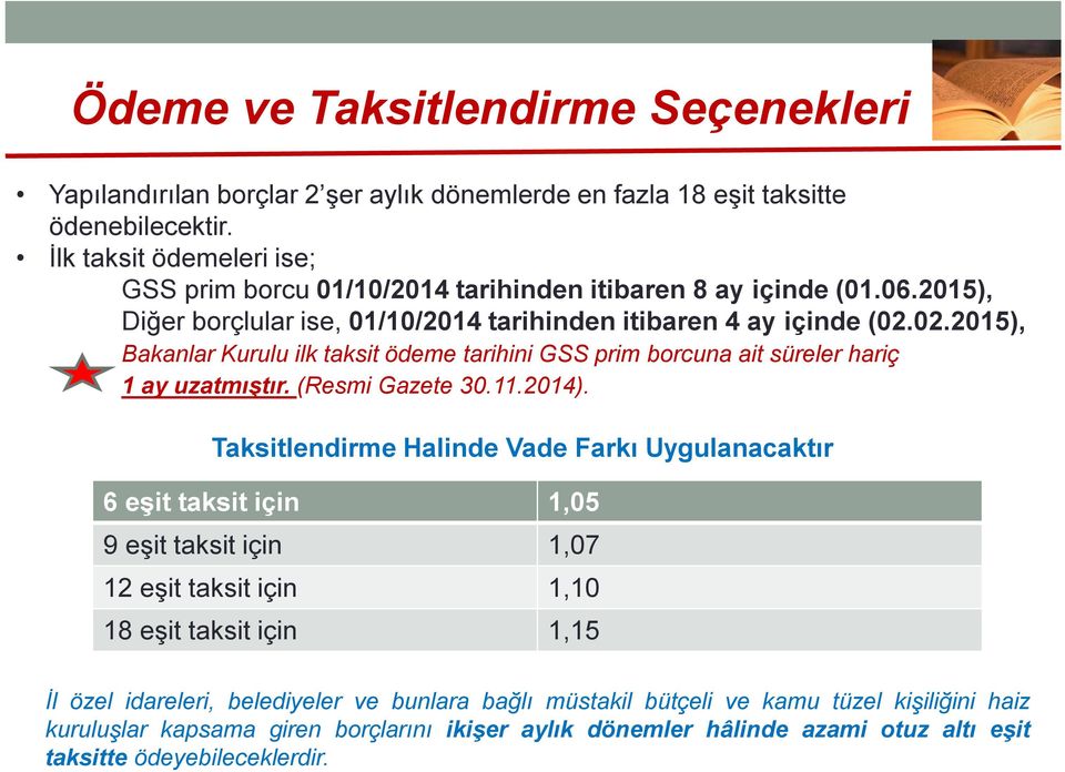 02.2015), Bakanlar Kurulu ilk taksit ödeme tarihini GSS prim borcuna ait süreler hariç 1 ay uzatmıştır. (Resmi Gazete 30.11.2014).