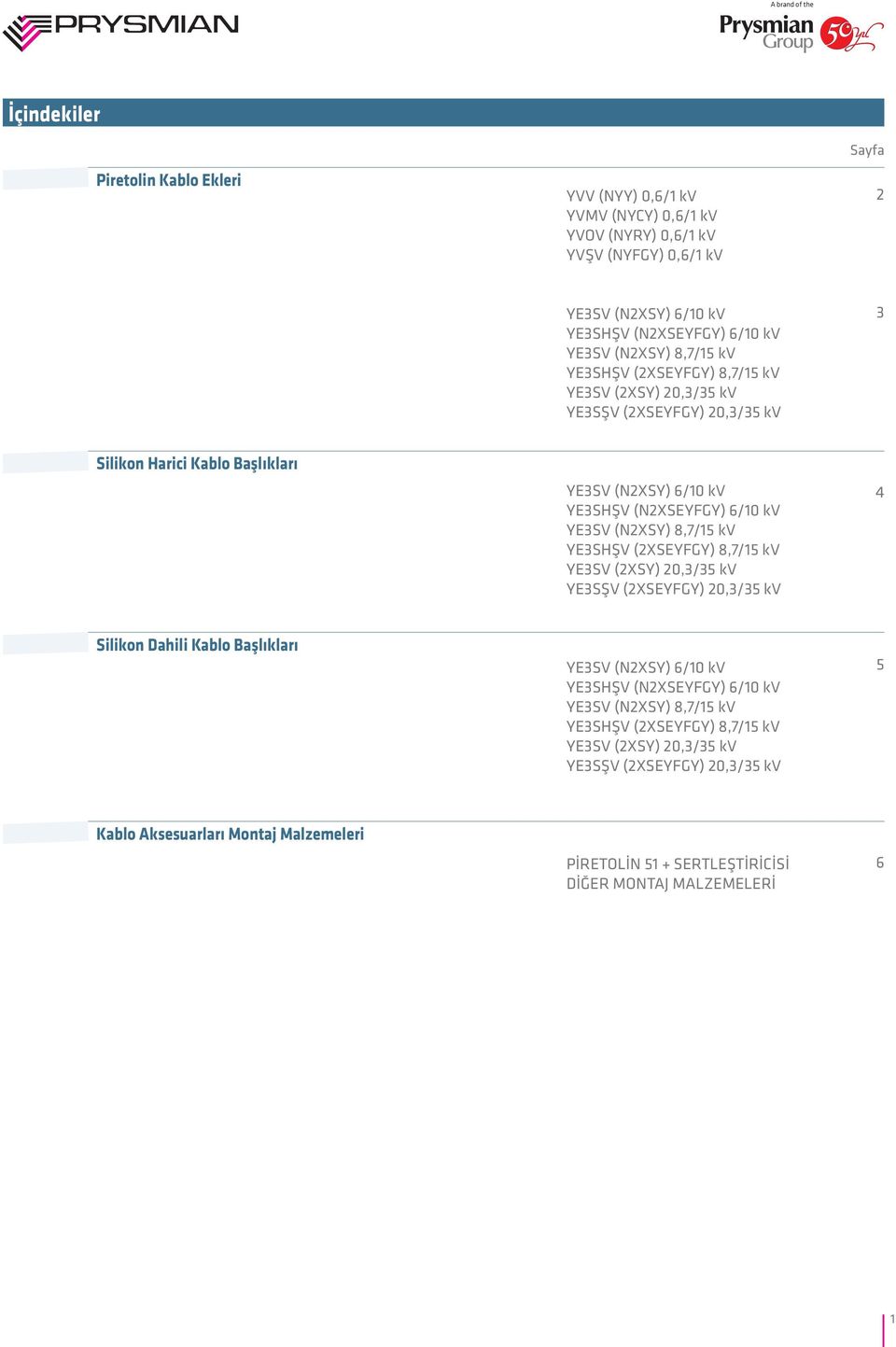 kv YE3SHŞV (XSEYFGY) 8,7/15 kv YE3SV (XSY) 0,3/35 kv YE3SŞV (XSEYFGY) 0,3/35 kv 4 Silikon Dahili Kablo Başlıkları YE3SV (NXSY) 6/10 kv YE3SHŞV (NXSEYFGY) 6/10 kv YE3SV (NXSY)